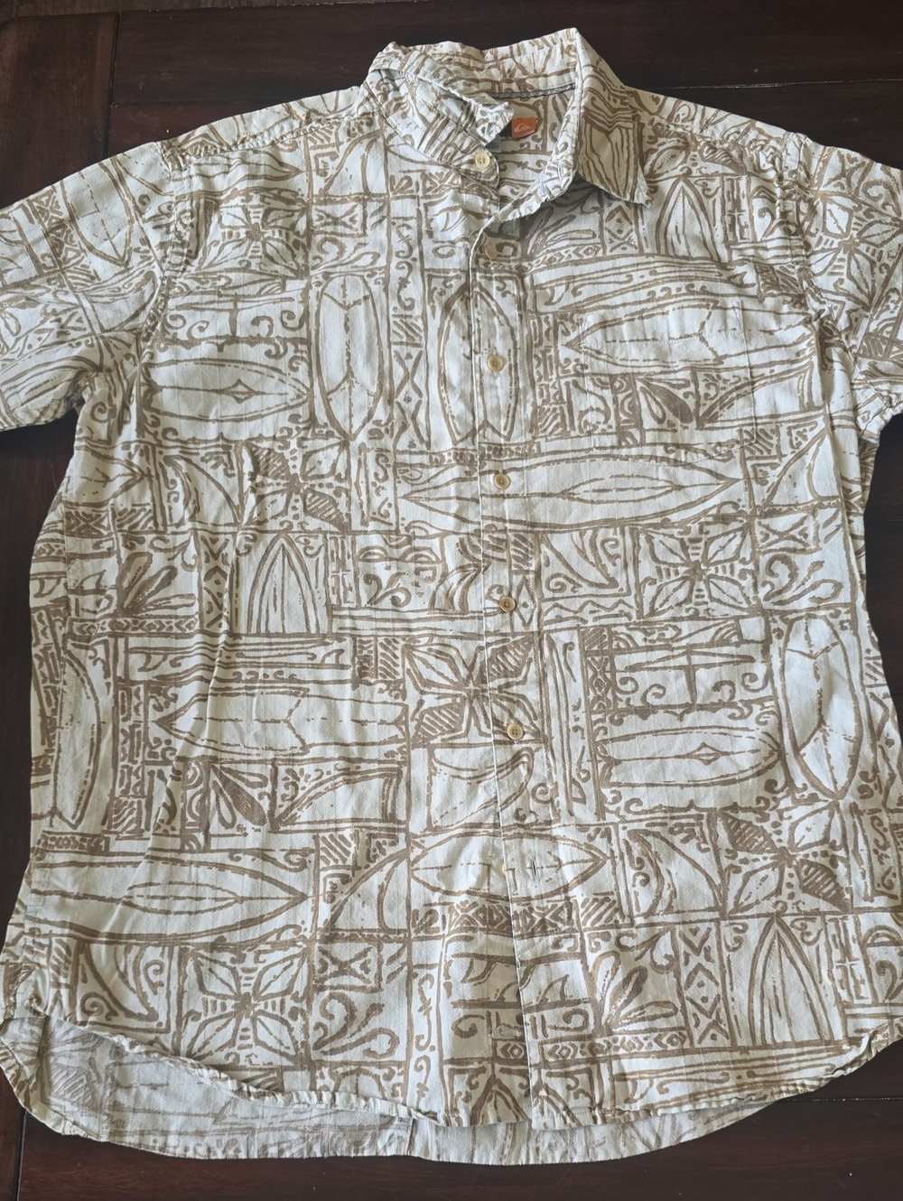 Quiksilver Cream Short-Sleeve Button-Down with Tan Geometric Print XL